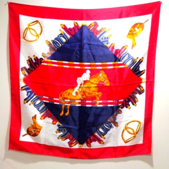 Gucci Vintage Equestrian Silk Scarf – Red, Navy, Gold Horse Rider Print | Luxury - Picture 1 of 8